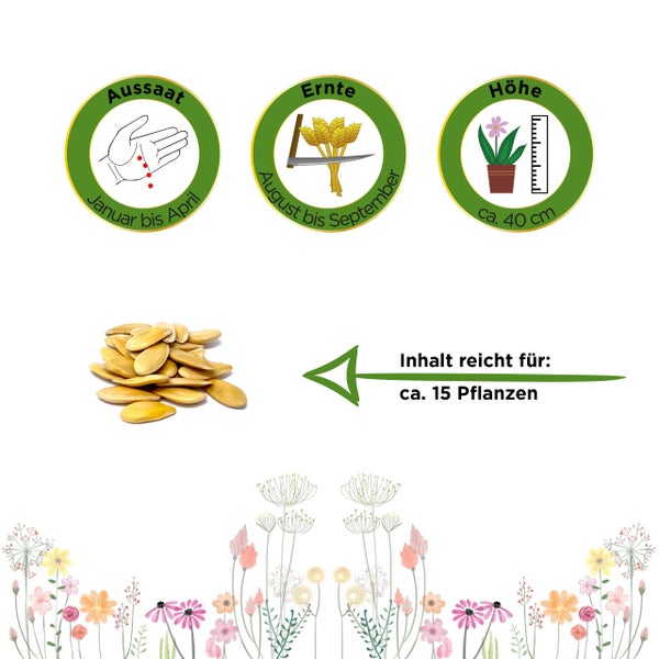 Aussaat von Januar bis April, Ernte von August bis September, Wuchshöhe circa 40 Zentimeter, Inhalt ausreichend für circa 15 Pflanzen.