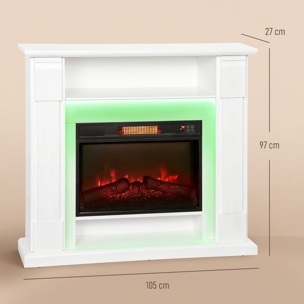 Elektrischer Kamin mit weißer Umrandung, Breite 105 Zentimeter, Höhe 97 Zentimeter, Tiefe 27 Zentimeter, mit Flammeneffekt und farbiger Beleuchtung.