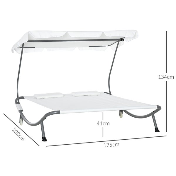 Outsunny Sonnenliege rollbar Campingliege mit Kopfkissen, Dach UV-beständig und wasserabweisend Gartenliege Liegestuhl bis 220kg belastbar für Balkon, Garten, Cremeweiß