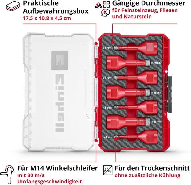 Einhell M-CASE 7-tlg. Fliesenbohrer-Set (M14 für den Trockenschnitt mit 7-mm-Diamantbesatz, hohe Standzeit, Kühlmittel bei kleinen Durchmessern inkl. Aufbewahrungsbox)