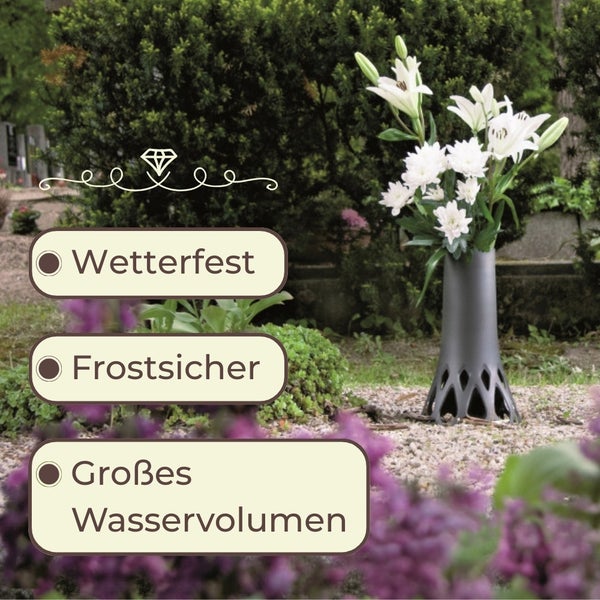 Grabvase mit der Kennzeichnung wetterfest, frostsicher und großes Wasservolumen
