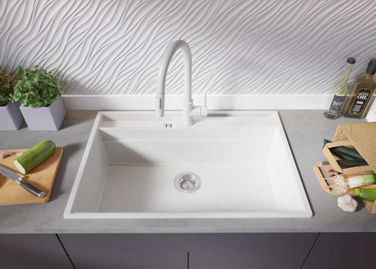 PRIMAGRAN Spülbecken Alles Weiß 78x53cm, Granitspüle 1 Becken + Ablauf-Set + Küchenzubehörset, Küchenspüle ab 80er Unterschrank - Oslo Pocket