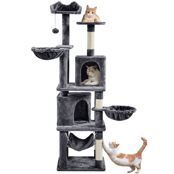 Grauer Katzenkratzbaum mit mehreren Ebenen, Häusern und Liegeflächen mit Katzen