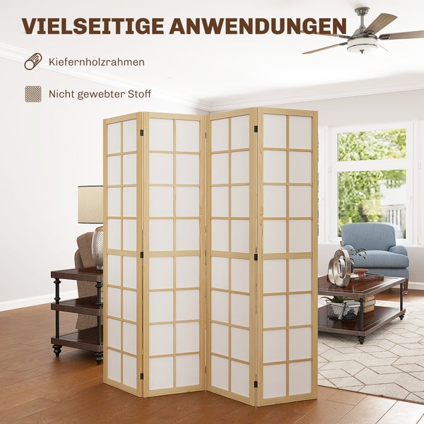 HOMCOM Paravent 4-teilig 160 x 170 cm Trennwand Raumteiler, Faltbar Raumtrenner Sichtschutz Stellwand für Wohnzimmer Natur