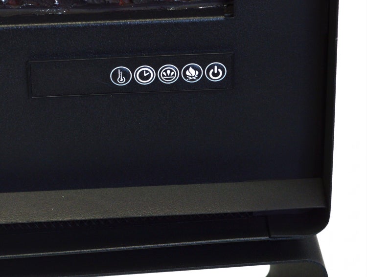 Dekoratives Wohnzimmer mit Elektrokamin, Holzhocker und Sofa.