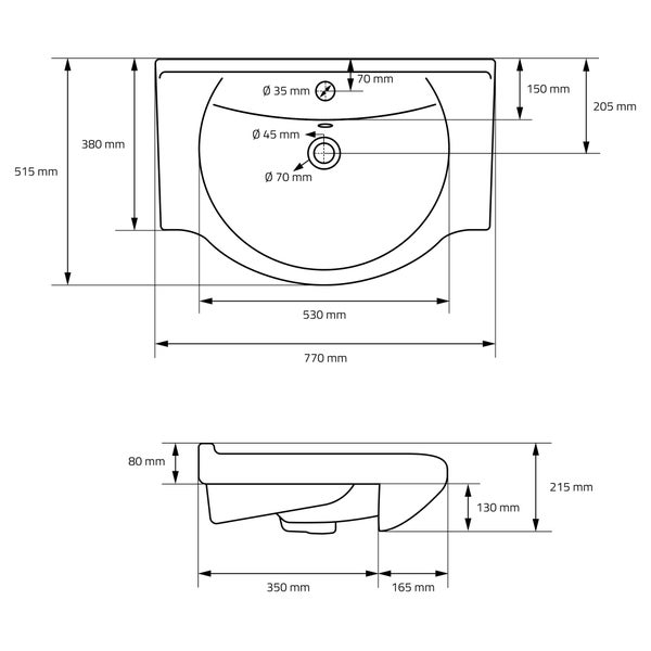 ML-Design Waschbecken aus Keramik Weiß 77x21,5x51,5 cm inkl. Ablaufgarnitur, Einbauwaschbecken mit Überlauf, Aufsatzwaschbecken Einbauwaschtisch Waschschale Waschplatz Handwaschbecken, für Badezimmer