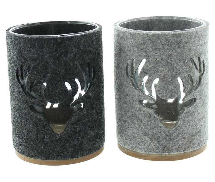 FRANK FLECHTWAREN | Windlicht Hirsch, 2er Set, GLAS, FILZ AUS PET, Ø 14 x 10 cm, ohne Kerzen