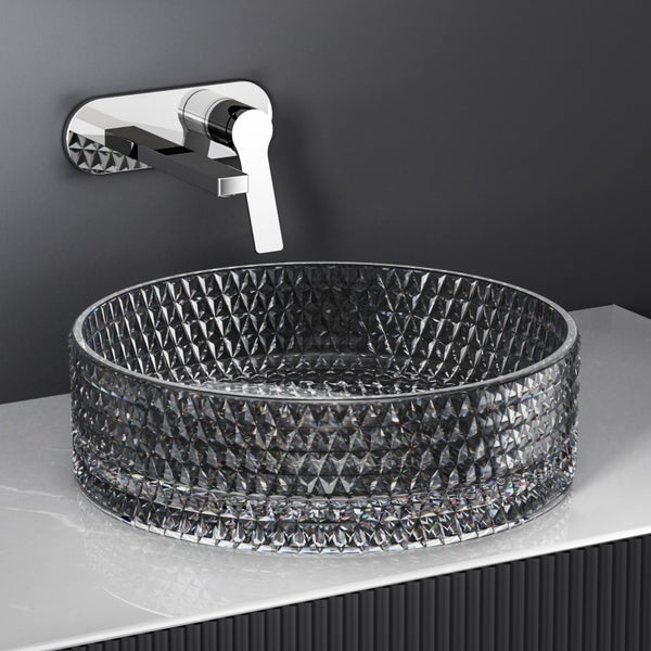 EMKE Aufsatzwaschbecken Ø36 cm, Crystal Glass, Rundes Waschbecken, Schwarz, Höhe 112 mm, Elektroplattiertes Design, Ohne Hahnloch, Modernes Badezimmer Waschtisch