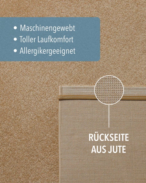 Maschinengewebter Teppich mit einer Rückseite aus Jute, allergikergeeignet und mit hohem Laufkomfort.