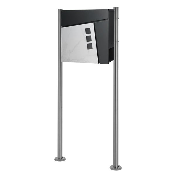 ECD Germany Standbriefkasten mit Zeitungsfach, Design Briefkasten mit Pfosten, Briefkastenanlage, Briefkastenständer Silber metallic 120 cm aus Edelstahl, Postkasten Anthrazit-Marmoroptik aus Stahl