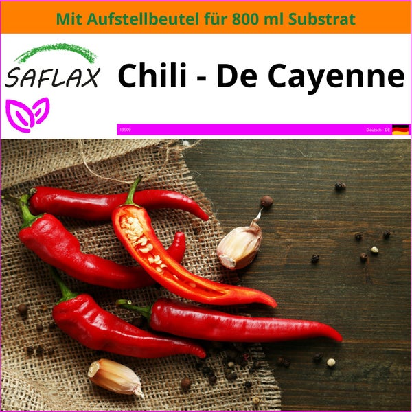 SAFLAX Garden in the bag - Chili - De Cayenne - Capsicum annum - 20 Samen - Mit Anzuchtsubstrat im praktischen, selbst aufstellenden Beutel