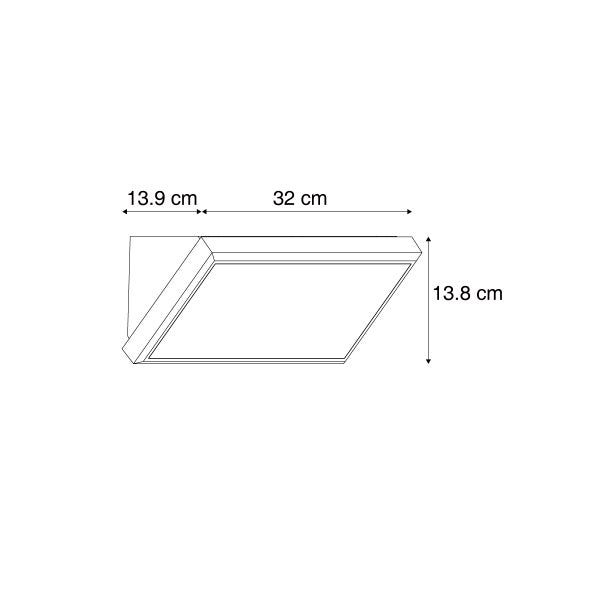 Technische Zeichnung einer rechteckigen LED Wandleuchte oder Deckenleuchte mit den Maßen 32 Zentimeter Länge, 13,8 Zentimeter Breite und 13,9 Zentimeter Tiefe.