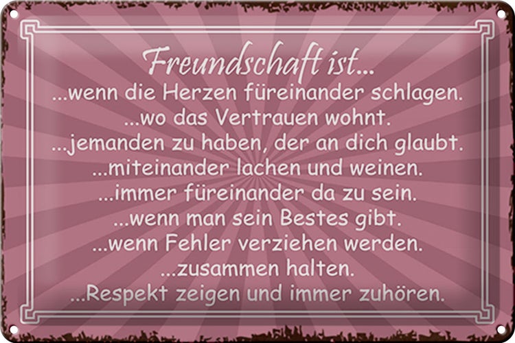 Blechschild Spruch 30x20cm Freundschaft ist wenn Herze