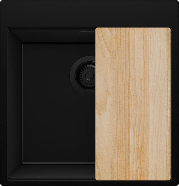 Schwarzes Spülbecken mit Schneidebrett