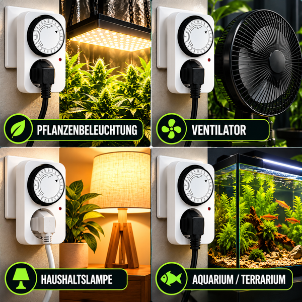 Mechanische Zeitschaltuhr für Steckdosen zur Steuerung von Pflanzenlampen, Ventilatoren, Innenleuchten und Aquarienbeleuchtung.
