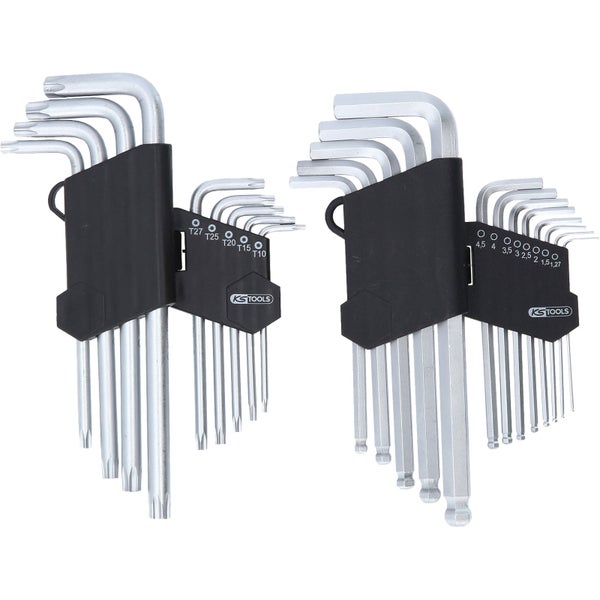 Winkelschlüsselsatz bestehend aus silbernen Innensechskant- und Innensechsrundschlüsseln in schwarzen Haltern.