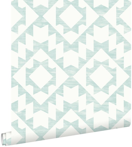 ESTAhome Tapete Marrakescher Aztec-Teppich Pastell Mintgrün und Weiß - 53 cm x 10.05 m - 148674