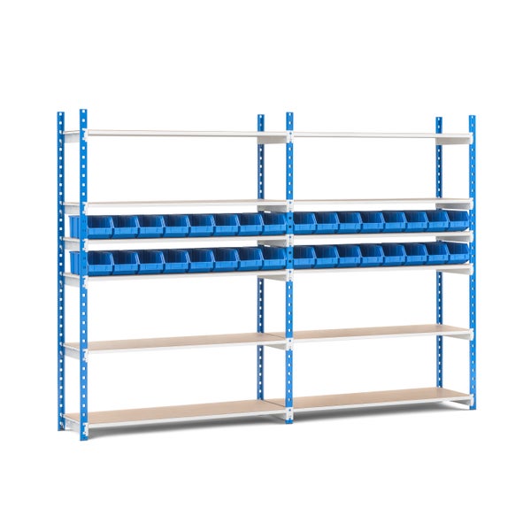 PROREGAL Fachbodenregal MAXIMUS mit 182x Sichtlagerboxen à 4,6L Fachlast 114kg Komplettregal HxBxT 200x250x30cm 7 Ebenen Lichtblau/Lichtgrau