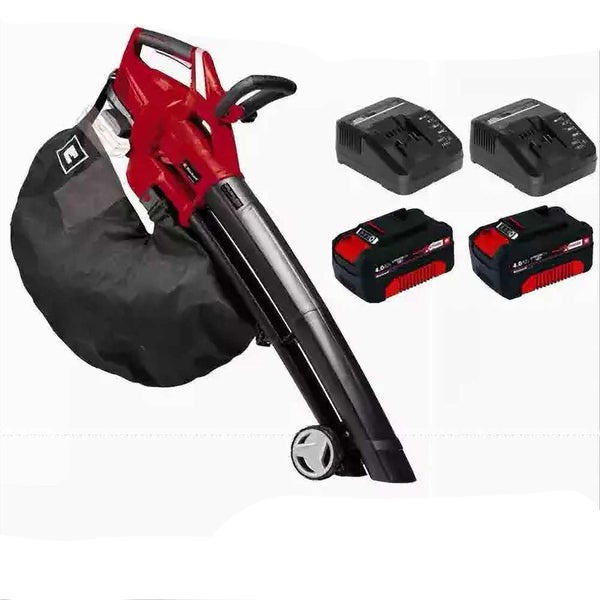 Einhell Akku Laubsauger mit Fangsack, zwei Akkus und zwei Ladegeräten für die Gartenpflege.