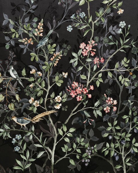 Dekorative Tapete mit Vogel- und Pflanzenmotiven für ein stilvolles Interieur