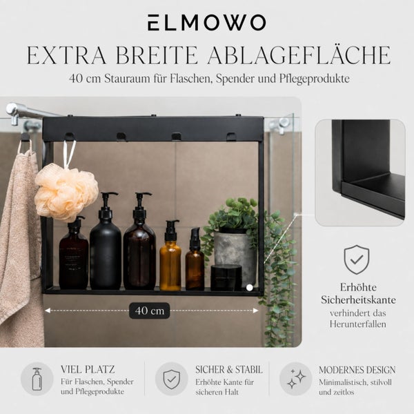 Duschablage von ELMOWO mit 40 Zentimeter Breite und Sicherheitskante fuer Badutensilien zur Montage an der Duschwand.