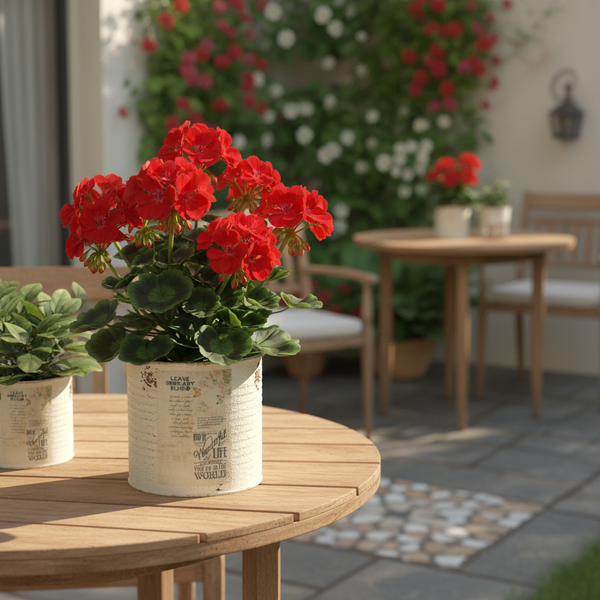 Rote Geranie im dekorativen Übertopf auf einem Holztisch auf einer hellen Terrasse mit Gartenmöbeln.