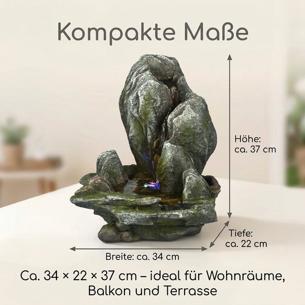 Zimmerbrunnen in Felsoptik mit integrierter Beleuchtung, Maße circa 34 mal 22 mal 37 Zentimeter, geeignet für Wohnräume, Balkon und Terrasse.