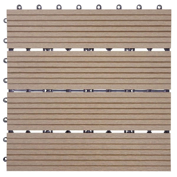 WPC-Terrassenfliese mit Klicksystem und geriffelter Oberfläche für den Außenbereich.