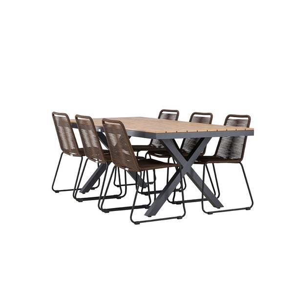 Gartentischgruppe mit sechs Stühlen, Tisch mit Holzplatte und Metallgestell, Stühle mit Seilbespannung