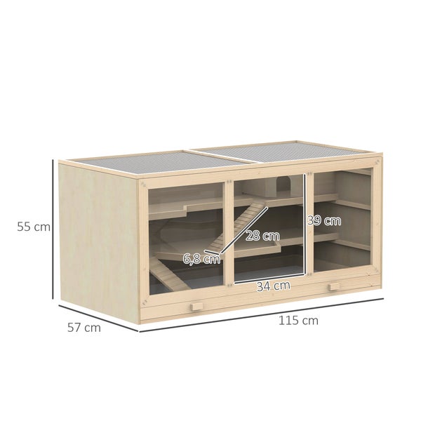 PawHut Zwerghamsterkäfig Nagerkäfig Kleintierstall aus Holz Mäusekäfig mit Treppen Kleintierkäfig Nagervilla Dreistöckig Naturholz 115 x 57 x 55 cm