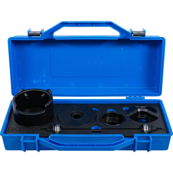 Werkzeugsatz zur Radlagerdemontage und -montage in blauem Werkzeugkoffer