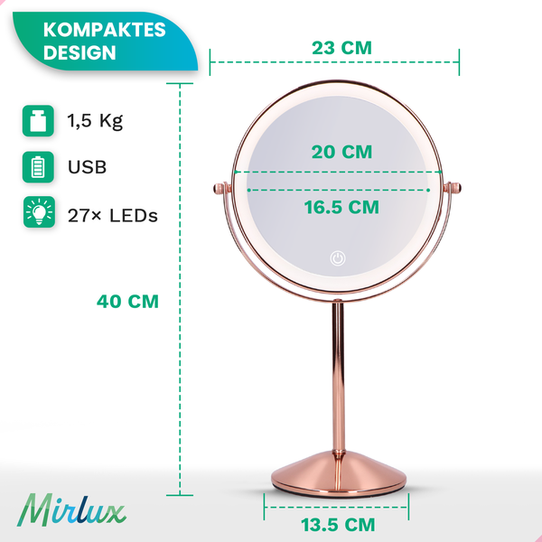 Mirlux Kosmetikspiegel mit LED Beleuchtung 10fache Vergrößerung Rund 3 Lichtstufen Wiederaufladbar Roségold