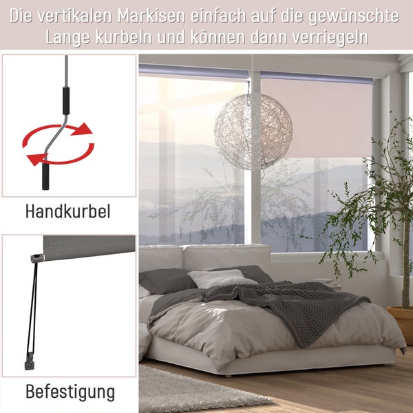 Outsunny Senkrechtmarkise, Vertikalmarkise mit Handkurbel, 250 x 140 cm, Polyesterstoff+Aluminium, Grau