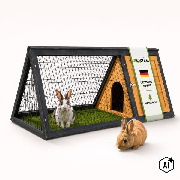 Dreieckiger Kleintierstall aus Massivholz von Zooprinz mit Drahtgitter und integriertem Rückzugsort für Kaninchen oder Meerschweinchen.