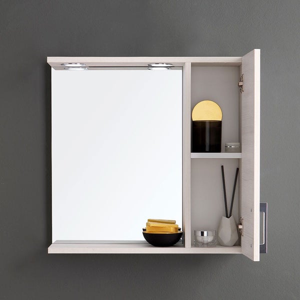 Moderner Badezimmer-Spiegelschrank in heller Holzoptik mit LED-Beleuchtung und geöffnetem seitlichem Stauraum.