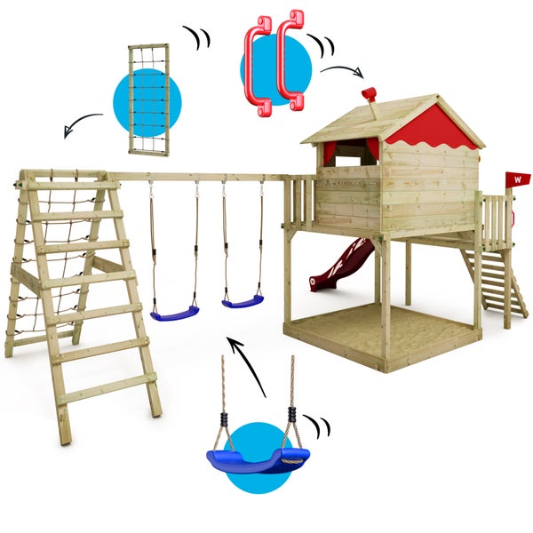 WICKEY Spielturm Klettergerüst Smart Ocean mit Schaukel und Rutsche, Stelzenhaus mit Sandkasten, Kletterleiter und Spiel-Zubehör - rot