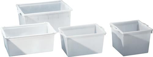 Vier rechteckige Kunststoff-Aufbewahrungsboxen in verschiedenen Größen mit integrierten Tragegriffen.