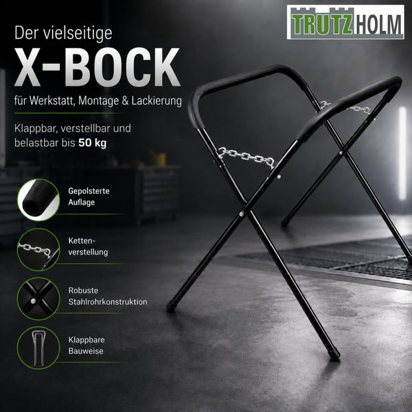 Klappbarer Trutzholm X-Bock aus Stahlrohr mit gepolsterter Auflage und Kettenverstellung, belastbar bis 50 Kilogramm. Trutzholm Logo.