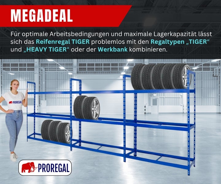 Großes Reifenregal TIGER aus Metall in einer hellen, geräumigen Lagerhalle, bestückt mit Reifen, Person zum Größenvergleich, Proregal Logo.