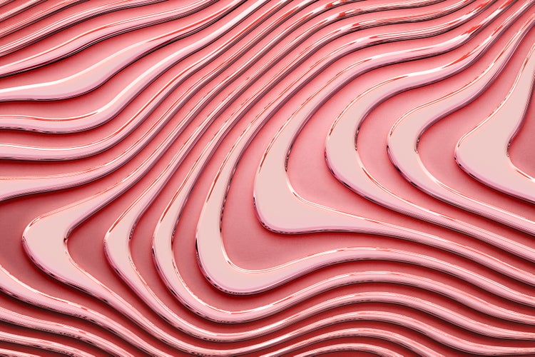Abstrakte 3D Textur mit geschwungenen, metallischen Wellenlinien.