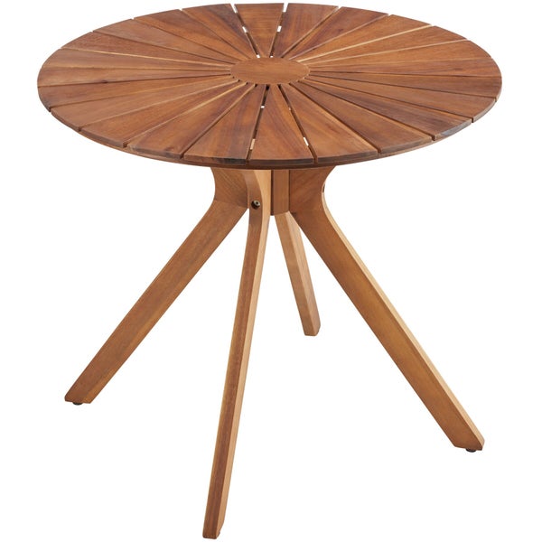 Runder Gartentisch aus Holz mit fächerförmiger Tischplatte und vier schrägen Beinen.