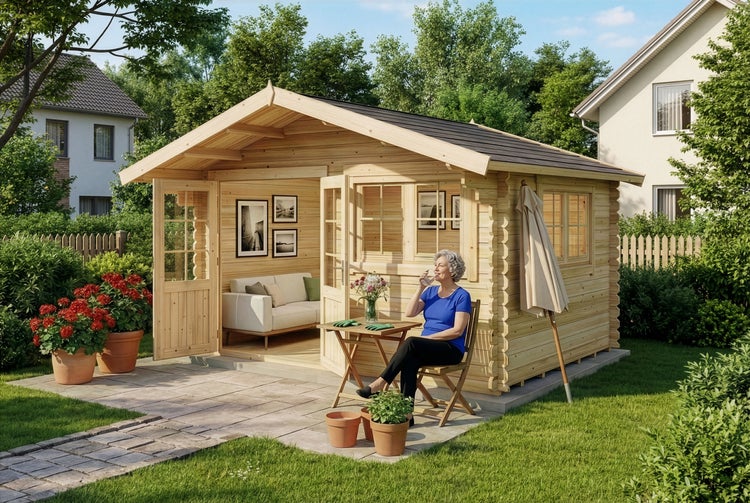 Gartenhaus aus Holz mit Satteldach, Terrasse, eingerichtetem Innenraum und einer Frau an einem hölzernen Klapptisch.