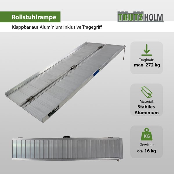 TRUTZHOLM Rollstuhlrampe klappbar 184 cm Traglast 272 kg Alu grau geriffelt Auffahrrampe