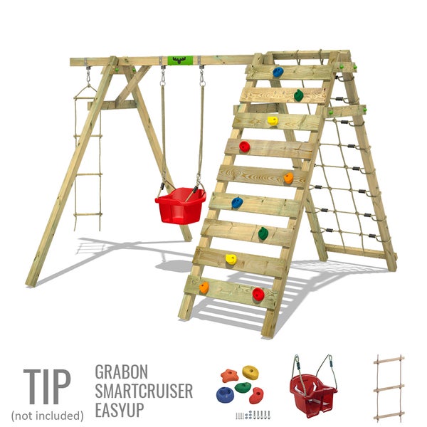 FATMOOSE Kinderschaukel Schaukelgestell JollyJungle Schaukel, Schaukelgerüst, Doppelschaukel, Holzschaukel mit Kletteranbau