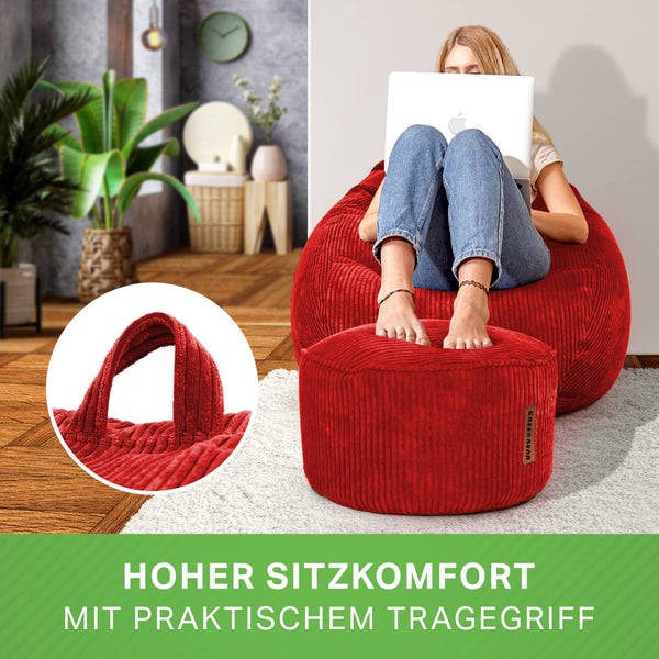 Green Bean 2er Set Indoor XXL Sitzsack + Pouf mit EPS-Perlen Füllung - Fußhocker Fußkissen Hocker Bodenkissen Liegekissen Sitzkissen Lounge Chair - Rot