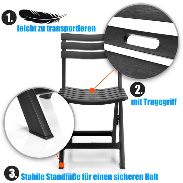 BigDean Gartenstuhl klappbar aus wetterfestem & robustem Kunststoff in Anthrazit – Klappstuhl ideal für Garten und Balkon – Balkonstuhl Made in Italy