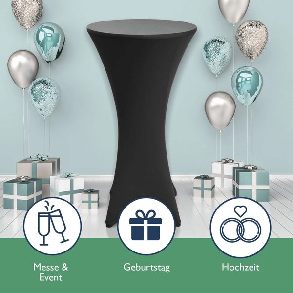 Stehtisch mit schwarzer Husse, Dekoration und Symbolen für Messe, Geburtstag und Hochzeit