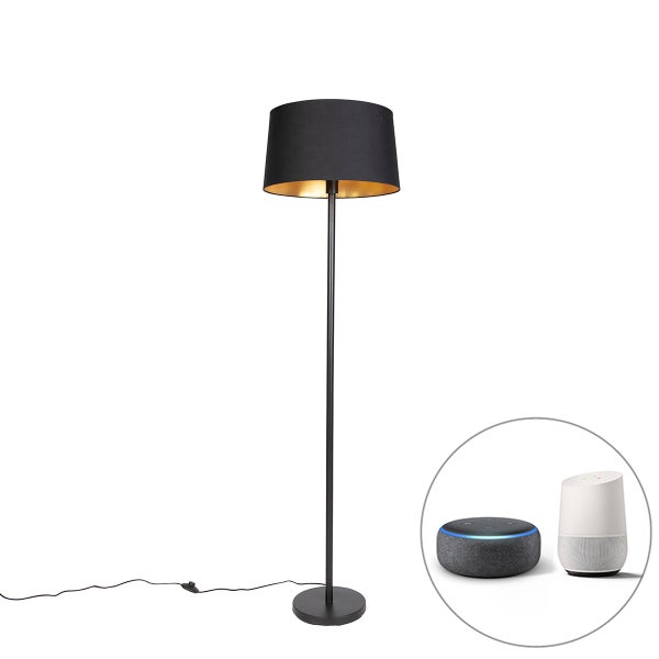 QAZQA - Modern Smarte Stehleuchte I Stehlampe I Standleuchte I Lampe I Leuchte schwarz mit schwarzem Schirm 45 cm inkl. WLAN A60 - Simplo Dimmer I Dimmbar I Wohnzimmer I Schlafzimmer - Textil Länglich