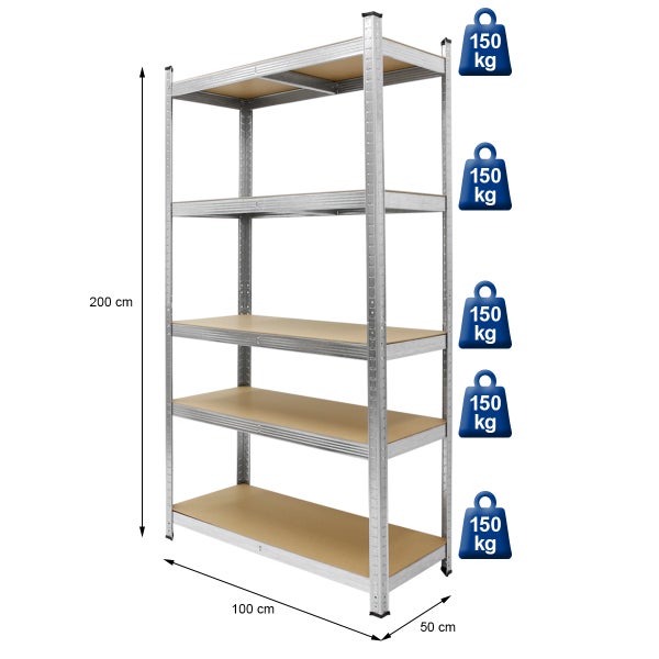 ECD Germany Werkstattregal Schwerlastregal - 200x100x50 cm - verzinkt - belastbar bis 750kg - 5 MDF-Platten - Lagerregal Steckregal Kellerregal Garagenregal Metallregal Regal Werkbank