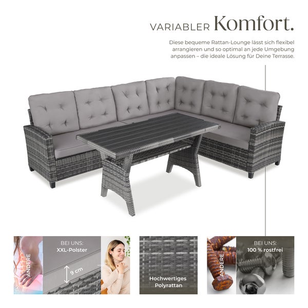 Rattan Lounge tectake Catania Tisch mit Schraubfüßen für 6 Personen grau
